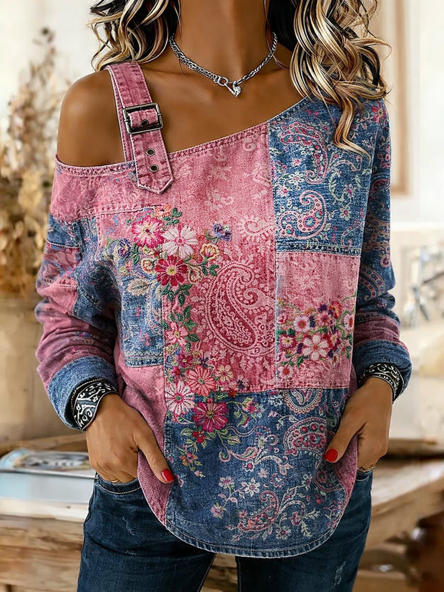 Women's Retro Floral Color-Blocked Art Print Washed Denim Long Sleeve Shoulder Strap Top
